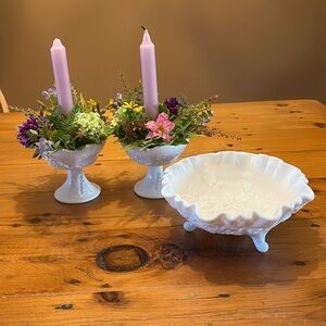 Imperial glass bowl and pair of Indiana Colony milk glads candle holders.